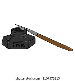 Inkwell with a pen for calligraphy. Vector illustration of a pen and ink. Hand drawn inkwell with a feather.