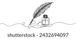 Inkwell and pen continuous line drawing. One line feather with ink vector illustration