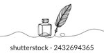 Inkwell and pen continuous line drawing. One line feather with ink vector illustration