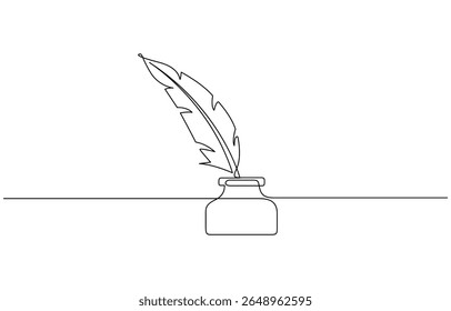 Desenho de linha contínua de tinta e caneta. Uma pena de linha com ilustração de vetor de tinta, desenho contínuo de uma linha de tradicional Quill e Tinta. Pêssego tradicional com uma garrafa de tinta básica.