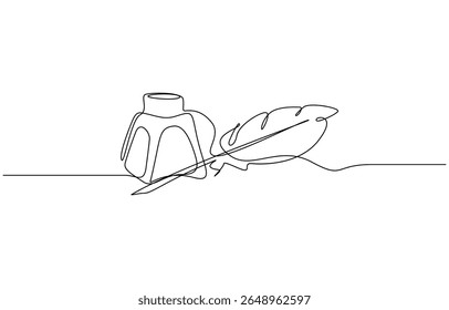 Desenho de linha contínua de tinta e caneta. Uma pena de linha com ilustração de vetor de tinta, desenho contínuo de uma linha de tradicional Quill e Tinta. Pêssego tradicional com uma garrafa de tinta básica.