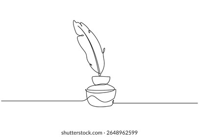 Desenho de linha contínua de tinta e caneta. Uma pena de linha com ilustração de vetor de tinta, desenho contínuo de uma linha de tradicional Quill e Tinta. Pêssego tradicional com uma garrafa de tinta básica.