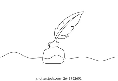 Desenho de linha contínua de tinta e caneta. Uma pena de linha com ilustração de vetor de tinta, desenho contínuo de uma linha de tradicional Quill e Tinta. Pêssego tradicional com uma garrafa de tinta básica.