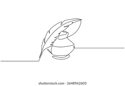 Desenho de linha contínua de tinta e caneta. Uma pena de linha com ilustração de vetor de tinta, desenho contínuo de uma linha de tradicional Quill e Tinta. Pêssego tradicional com uma garrafa de tinta básica.