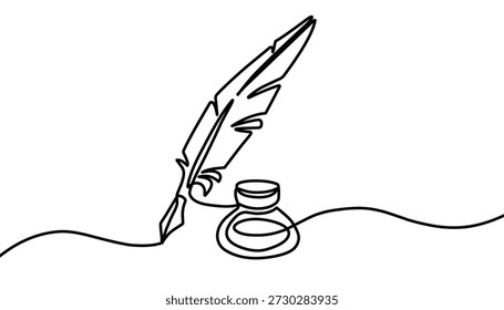 Desenho de linha contínua de tinteiro e caneta. Pena de uma linha com vetor de tinta, desenho contínuo de uma linha de madeira tradicional e tinta. Rolar com tinteiro e pluma desenho de linha contínua. Ilustração vetorial.