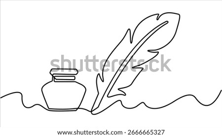 Inkwell and pen continuous line drawing. One line feather with ink vector, Continuous One line drawing of Traditional Quill and Ink. Scroll with inkwell and feather continuous line drawing.
