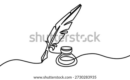 Inkwell and pen continuous line drawing. One line feather with ink vector, Continuous One line drawing of Traditional Quill and Ink. Scroll with inkwell and feather continuous line drawing. Vector ilustration.