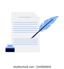 Inkwell, pen and paper document. Simple flat vector isolated on white background