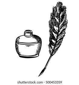 Inkwell and quill isolated on white background. Feather pen and ink bottle.
