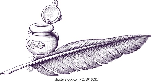 Inkwell and quill pen lying next