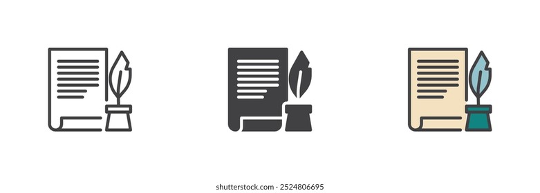 Inkwell with quill pen and paper different style icon set. Line, glyph and filled outline colorful version, outline and filled vector sign. Write will testament symbol, logo illustration