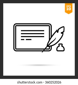Inkwell, quill and tablet computer