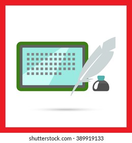 Inkwell, quill and tablet computer
