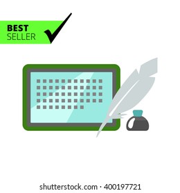 Inkwell, quill and tablet computer
