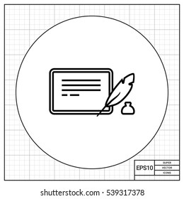 Inkwell, quill and tablet computer