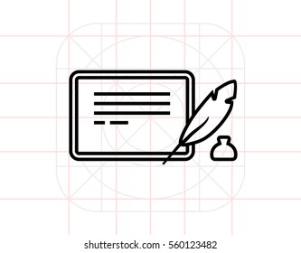 Inkwell, quill and tablet computer