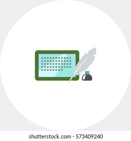Inkwell, quill and tablet computer
