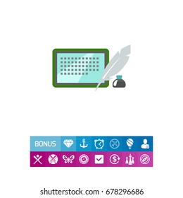 Inkwell, quill and tablet computer