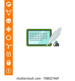 Inkwell, quill and tablet computer