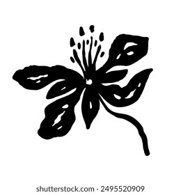 Inky abstract flower sketch isolated on white. Black silhouette of minimalist doodle floral. Hand drawn botanical illustration