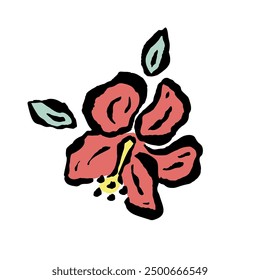Inky abstract hibiscus flower sketch isolated on white. Black line art of minimalist doodle floral. Hand drawn botanical illustration