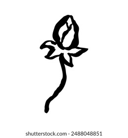 Inky abstract tulip flower sketch isolated on white. Black line art of minimalist doodle floral. Hand drawn botanical illustration