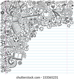 Inky Back to School Notebook Doodles with Apple, Soccer Ball, Art Supplies and Book- Hand-Drawn Vector Illustration Design Elements on Lined Sketchbook Paper Background