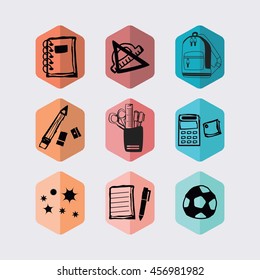 Inky black hand drawn school supplies and stationery hexagon icons set on gray background