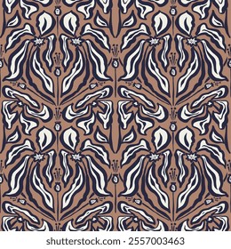Inky brush strokes brown flowers seamless pattern damask style. Abstract modern floral background. Textured botanical minimalist wallpaper