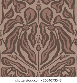 Inky brush strokes brown flowers seamless pattern damask style. Abstract modern floral background. Textured botanical minimalist wallpaper