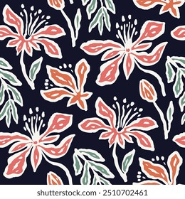 Inky brush strokes floral seamless pattern. Abstract flowers contemporary background.