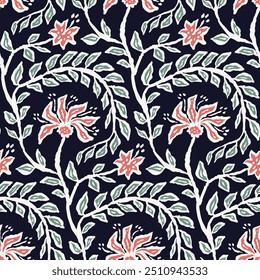 Inky brush strokes floral seamless pattern. Abstract flowers contemporary background.