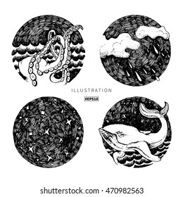 Inky circle icon set. Black and white inspiration mood board: whale, octopus, sea, night sky, waves, stars, rain, snow underwater. Vector drawn illustration sketch with ink pen on paper.