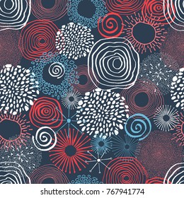 Inky colored circles in seamless pattern. Abstract hand drawn seamless background in doodle style. Vector illustration