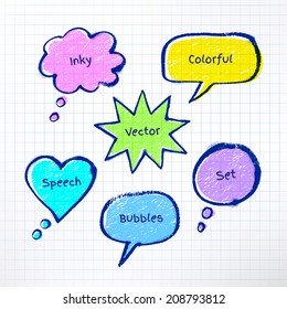 Inky colorful bubble-talks drawn on checkered school notebook background. Vector illustration.