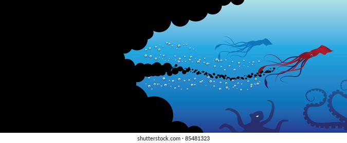 The Inky Depths Squid and octopus in the ocean depths, with space for your message in squid ink. EPS 8 vector.