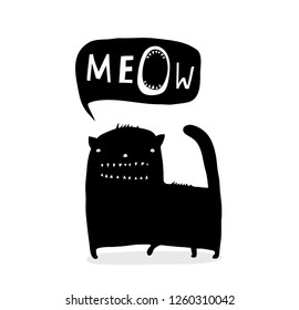 Inky Funny Cat Talk Meow. Cat speech bubble with quirky animal design.