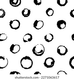 Inky Hand Drawn Circles Pattern on Blotting Paper. Vector seamless ornament with black freehand drawn elements. Isolated on white background. There is an editable texture on Swatches Panel.