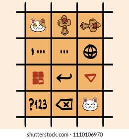 Inky icons for mobile app keyboard layout. Asian maneki neko theme. Hand drawn pictograms.