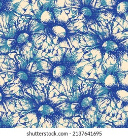 Inky wild meadow flower seamless vector pattern background. Vintage illustration style blended backdrop with hand drawn outline flowers. Elegant botanical textural repeat in blue and cream white