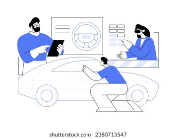 In-lab car model validation abstract concept vector illustration. Group of engineers testing car in laboratory, automotive industry, car manufacturing, vehicle automation abstract metaphor.