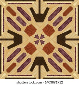 Inlay tile, wooden textured patterns, symmetric decorative ornament in light and dark types of wood, wood art object