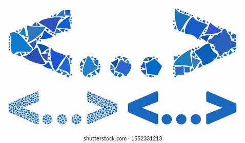 Inline code composition of irregular parts in different sizes and shades, based on inline code icon. Vector uneven parts are composed into collage. Inline code icons collage with dotted pattern.