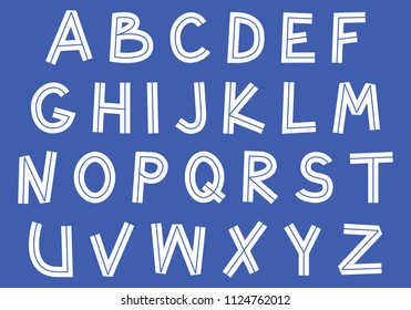 inline doodle sans serif font, uppercase outline handwritten letters, stock vector illustration