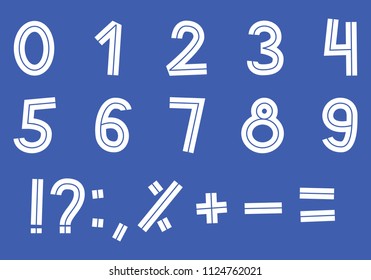 inline doodle sans serif font, numbers and signs outline handwritten letters, stock vector illustration