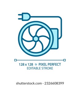 Inline duct fan light blue icon. Ventilation equipment. Electric appliance. Heating and cooling. RGB color sign. Simple design. Web symbol. Contour line. Flat illustration. Isolated object