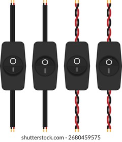 Interruptores basculantes en línea con cableado sobre fondo transparente. Configuración de control de circuitos eléctricos para materiales educativos, proyectos eléctricos, documentación técnica y elementos visuales de temática electrónica