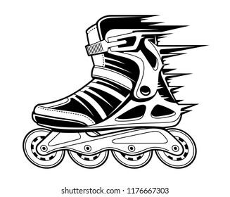 Inline roller skate with motion effect isolated on white. Black and white vector illustration.