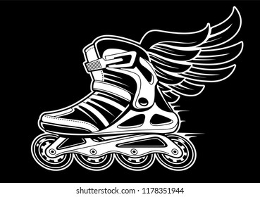 Inline roller skate with wing isolated on black. Black and white vector illustration.