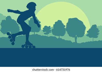 Inline skate kid in park landscape with forest trees vector background